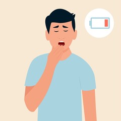 Man yawning covering mouth with hand.  Sleepy person with open mouth.Fatigue. Low energy.Vector illustration