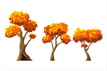 Naklejka na ściany i meble Set of autumn trees with yellow-orange foliage in cartoon style. Vector flat illustration for games, animation, books