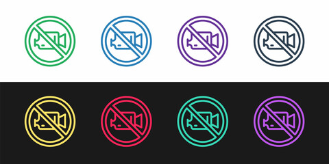 Set line Prohibition sign no video recording icon isolated on black and white background. Vector