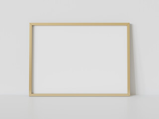 Golden frame leaning on white floor in interior mockup. Template of a picture framed on a wall 3D rendering