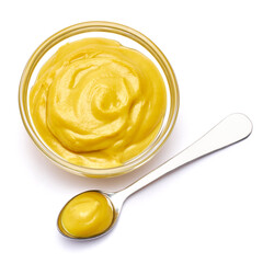 Classic mustard sauce in glass bowl isolated on white background