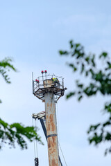 Raised boom of 100-ton mobile crane and high tube against the sk