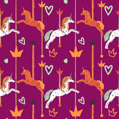 Childish vector seamless pattern of a carousel unicorn. Retro cute background.