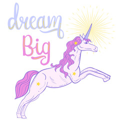 Childish vector illustarion of a unicorn with lettering phrase "dream big". Retro cute background at pastel colors.