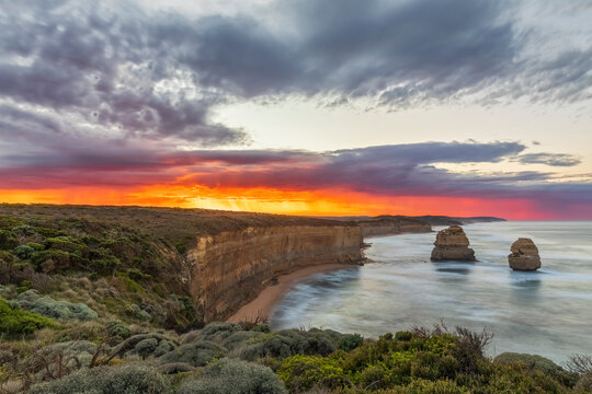 Australia, Victoria, View of Twelve Apostles and Gibson Steps in Port Campbell National Park at dawn