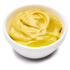 Classic mustard sauce in ceramic bowl isolated on white background