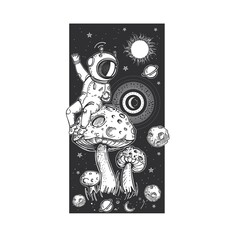 Mushrooms are like planets. Astronaut sit on planets. Space illustration.