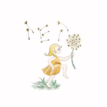 Digital illustration. A cute cartoon girl in a summer yellow dress is jumping with a big dandelion in her hand. Side view. Dandelion fluffs form the word summer in Russian