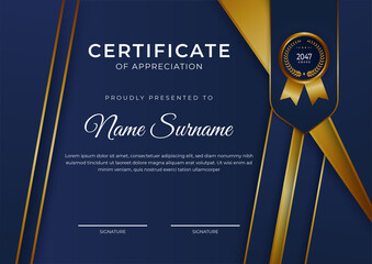 Luxury shine golden blue certificate design template