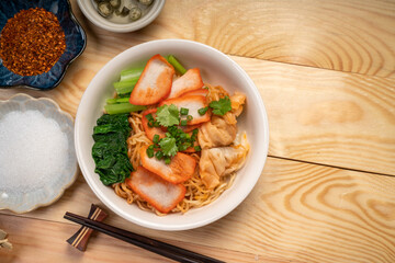 Egg Noodles and Wonton Noodles with Red Barbecue pork dry noodle.