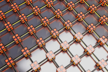 Three dimensional render of interconnected cubes forming mapped network