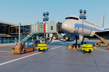 Three dimensional render of passenger boarding bridge connected to airplane waiting at airport