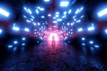 Three dimensional render of silhouette of person standing in front of mysterious gate glowing at end of futuristic corridor