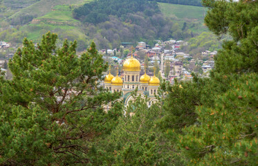 view of the golden domes of St. Nicholas Cathedral in Kislovodsk