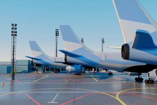 Three dimensional render of empennages of airplanes waiting at airport