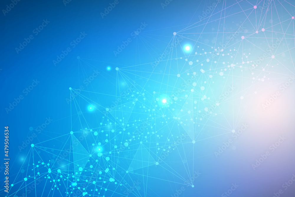 Poster geometric abstract background with connected line and dots. structure molecule and communication. bi