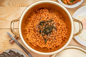 Super Spicy Korean noodles, Ramyun or hot ramen Korean dry noodles food, Korean style instant ramen...