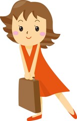 カバン、バッグ、荷物を持つ笑顔の女性（旅行・出張・赤い服）