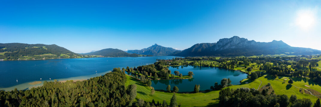 Drone panorama of Mondseeland in summer