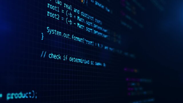 Developer working on program code. Hack or protection data. Website scripts digits and commands at computer screen. Modern hi-tech software development and blockchain concept. 3D technology background