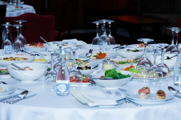 Various food on the table in the restaurant 