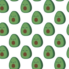 Cute kawaii flat green avocado smiling with eyes pattern. Cute childish berry. Isolated flat fully editable illustration on white background.