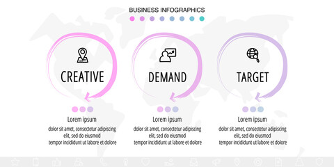 Modern hand-drawn vector infographics with 3 circles and arrows. Concept chart process template with three steps and symbols. Sketch timeline for business project on white background
