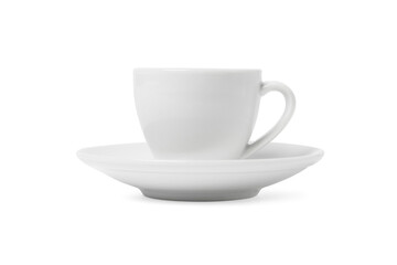 White cup and saucer isolated on white background. Ceramic coffee cup or tea mug and dish for drink close up. Mock up classic porcelain utensils