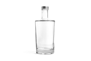 Empty glass carafe isolated on white background. Bottle side view with transparent liquid. Pitcher...