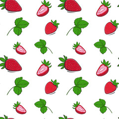 The pattern is red strawberries with green leaves. Summer background.