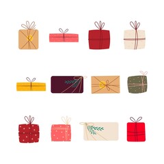 Set of different gift boxes. Vector illustration in cardboard flat style.