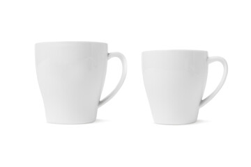 White tea cup for drink isolated on white background. Ceramic coffee cup or mug close up. Mock-up classic porcelain utensils. Blank ceramic mug mockup template for branding on white