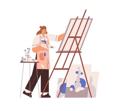 Artist painting picture on canvas, easel. Painter with paint palette and brush drawing. Creative woman in apron creates artwork. Creation process. Flat vector illustration isolated on white background
