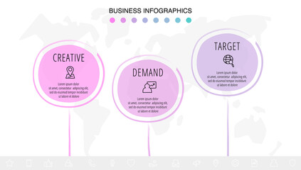 Vector hand-drawn infographics with 3 circles and icons. Modern concept chart process template with three steps and symbols. Sketch timeline for business project on white background