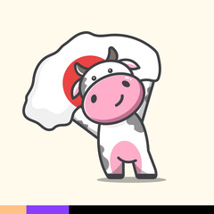 Obraz na płótnie Canvas cute cow illustration waving japanese flag