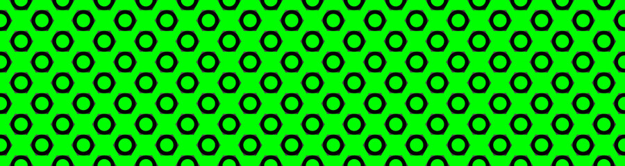 Seamless pattern. Image of a walnut on a green background. black hexagon. Banner for insertion into site. 3d rendering. 3d image.