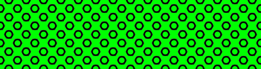 Seamless pattern. Image of a walnut on a green background. black hexagon. Banner for insertion into site. 3d rendering. 3d image.