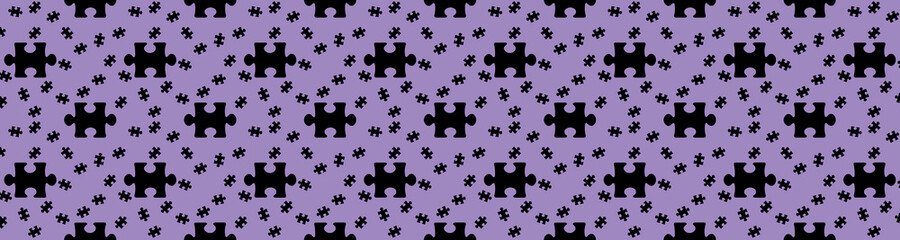 Seamless pattern. image of black puzzle elements on pastel purple backgrounds. riddle. Template for applying to surface. Banner for insertion into site. 3D image. 3D rendering.