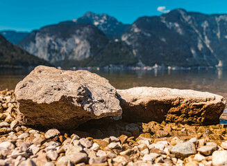 Beautiful alpine summer view with reflections at the famous Hallstaetter See lake, Hallstatt, Upper Austria, Austria