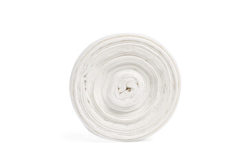 White polyethylene trash bag roll isolated on white background. Disposable packaging plastic garbage bags