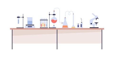 Lab chemical research with beaker, glass tube, microscope. Glassware, laboratory equipment on table for science experiment. Chemistry class desk. Flat vector illustration isolated on white background