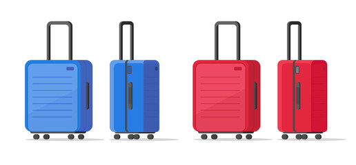 Luggage travel airport suitcases set red and blue color 3d style or trolley bag baggage with handle vector isolated on white background clipart in flat cartoon design, plastic wheel case object