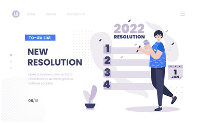 Illustration of a man with new resolution list on homepage design