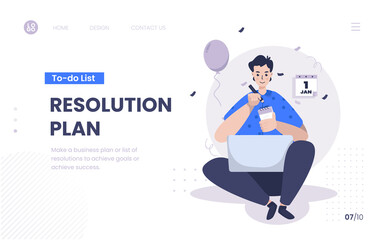 Illustration of a man make a resolution plan on homepage design