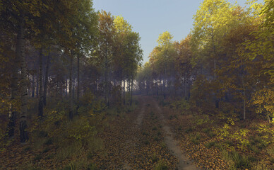 Country road covered in fallen leaves and tire tracks in an autumn forest on a sunny misty morning. 3D render.