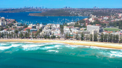 Aerial drone view of Manly on the Northern Beaches of Sydney, Australia with North Harbour in view during summer on a sunny day 