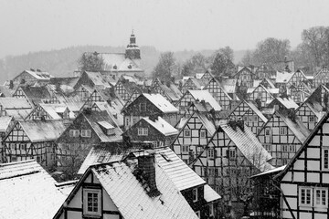 Freudenberg panorama in Sauerland Germany with historic black and white truss half timbered houses...