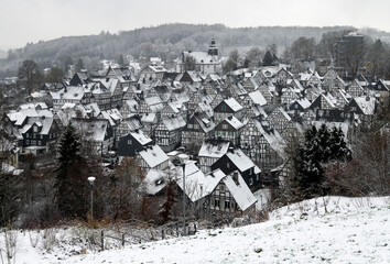 Freudenberg panorama in Sauerland Germany with historic black and white truss half timbered houses...