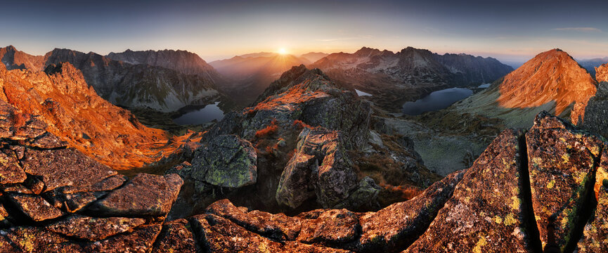 Poland Tatras from peak Szpiglasowy, Nice mountain landscape in Europe at sunrise over Morskie oko