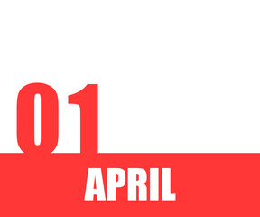 April. 01th day of month, calendar date. Red numbers and stripe with white text on isolated background.